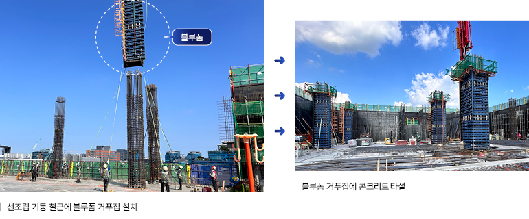 선조립 기둥 철근에 블루폼 거푸집 설치 블루폼 거푸집에 콘크리트 타설 블루폼